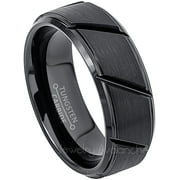 JEWELRY AVALANCHE Tungsten Carbide Mens Wedding Band - Comfort Fit Brushed Black IP with Diagonal Grooves Tungsten Anniversary Ring -#602WFs10