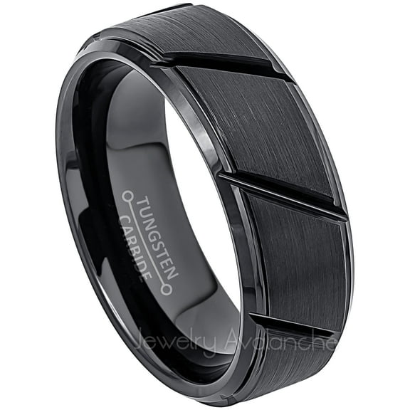 Jewelry Avalanche Mens Black Tungsten Wedding Band, Diagonal Groove Accent, Comfort Fit, Anniversary Ring for Him 8mm