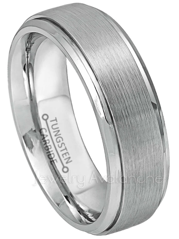 Tungsten Carbide Mens Wedding Band, Comfort Fit Brushed Stepped Edge Anniversary Ring 7mm