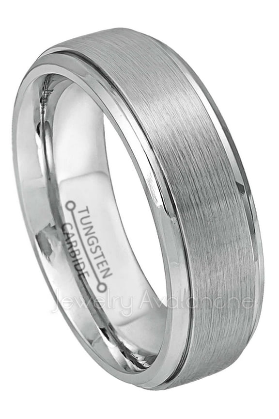 Tungsten Carbide Mens Wedding Band, Comfort Fit Brushed Stepped Edge Anniversary Ring 7mm