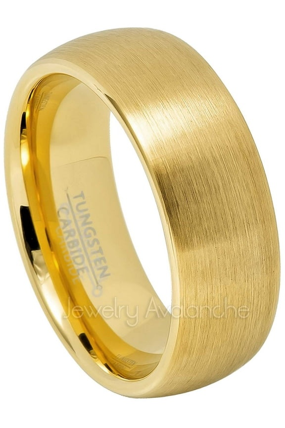 Mens Gold Dome Tungsten Wedding Ring, Comfort Fit, Brushed Anniversary Ring for Him 8mm