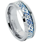 JEWELRY AVALANCHE Tungsten Carbide Mens Wedding Band - Comfort Fit Brushed with Blue Celtic Dragon Inlay Tungsten Anniversary Ring -#367WFs10