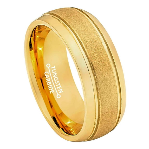 Jewelry Avalanche Tungsten Carbide Mens Gold Wedding Band, Sandstone Finish Center, Engagement Ring for Him 8mm
