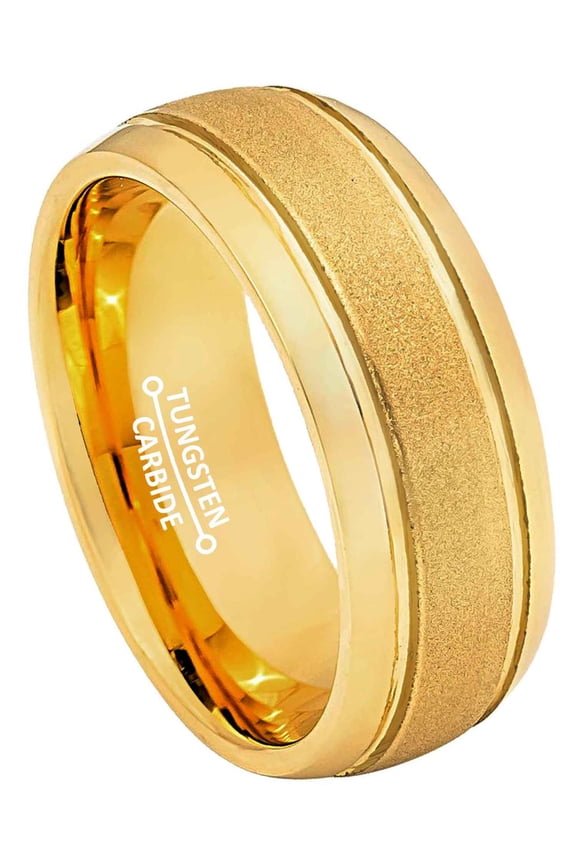 Tungsten Carbide Mens Gold Wedding Band, Sandstone Finish Center, Engagement Ring for Him 8mm