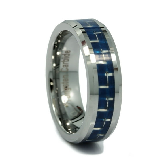 Tungsten Carbide Mirror Polished 6mm Wedding Ring Blue & White Carbon Fiber Inlay Size 10