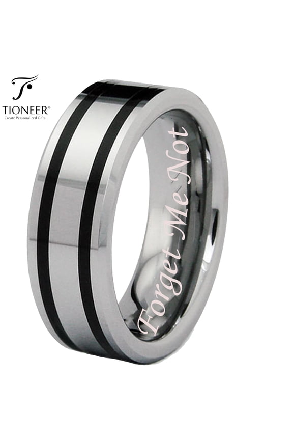 Tungsten Carbide Polished Dual Black Resin Strip Inlay Wedding Ring Band Forget Me Not Engraved 8MM