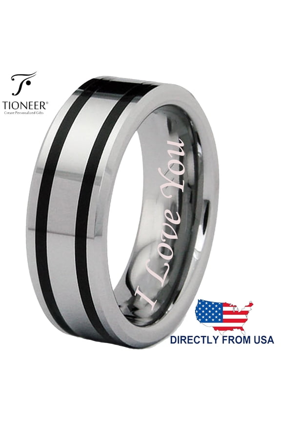 Tungsten Carbide Polished Dual Black Resin Strip Inlay Wedding Ring Band I Love You Engraved 8mm