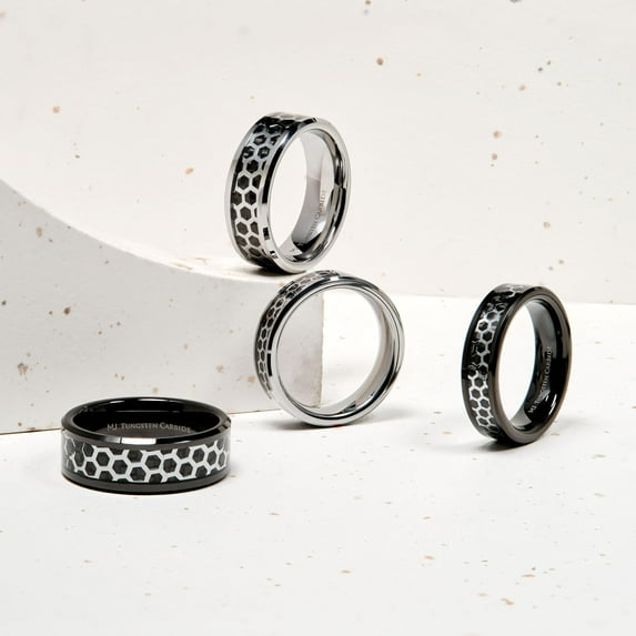 Tungsten Carbide Polished Wedding Band 6mm Hexagon Pattern Over Black Carbon Fiber Inlay Ring Size 10