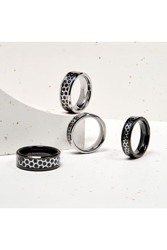 Tungsten Carbide Polished Wedding Band 6mm Hexagon Pattern Over Black Carbon Fiber Inlay Ring Size 9