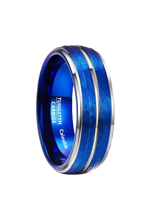 Tungsten Carbide Ring, Men's Ring, Vacuum Plating Blue Hammered Middle Groove Design, 8mm Wide Comfortable Fit, Suitable for Men and Women Daily Wear