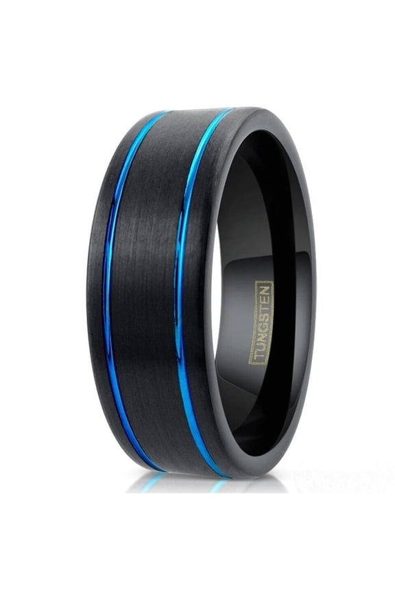 Tungsten Carbide Rings for Men Wedding Bands for Him 6mm Brushed Black-Dual Thin Blue Line Stripes