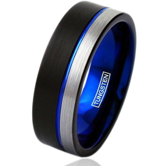 Tungsten Carbide Rings for Men Wedding Bands for Him 8mm Black Silver and Blue Stripe