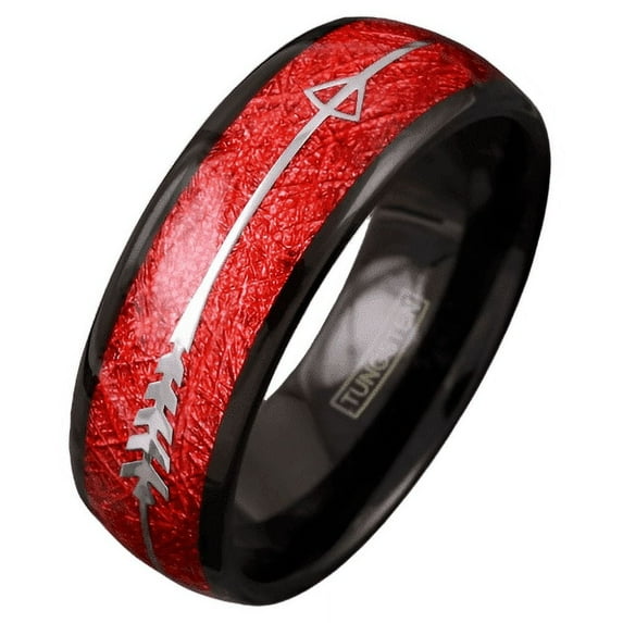 Tungsten Carbide Rings for Men Wedding Bands for Him 8mm Faux Red Meteorite Silver Arrow