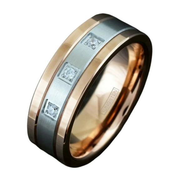Tungsten Carbide Rings for Men Wedding Bands for Him 8mm Rose Gold Silver Center Stripe 0.15 Carat CZ