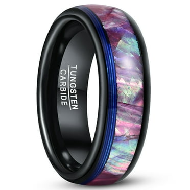 Tungsten Carbide Rings with Light Purple Abalone Shell Inlay 8mm Mens Black Wedding Ring Band Engagement Ring with Blue Guitar String Dome Style