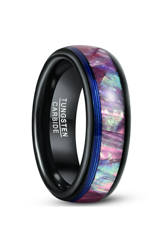 Tungsten Carbide Rings with Light Purple Abalone Shell Inlay 8mm Mens Black Wedding Ring Band Engagement Ring with Blue Guitar String Dome Style