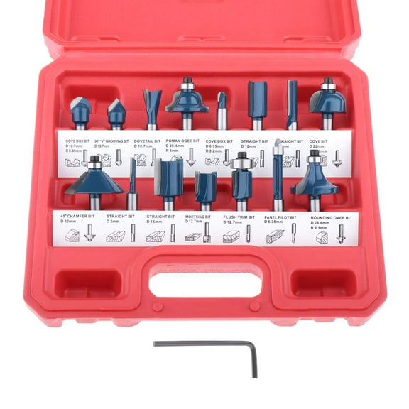 Tungsten Carbide Router Bits Set of 15pieces 1/4 Inch , Wood Milling Cutter Woodworking Tool with Storage Case for Home Improvement DIY Pro User Beginner