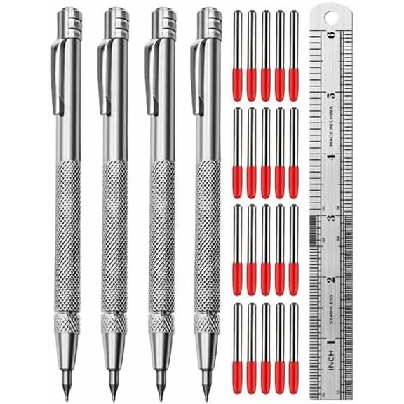 Tungsten Carbide Scriber, Knurled Aluminum Handle, 4-Pack with Bonus Marking Tips and Steel Ruler, Ideal for Detailed Crafting and Carving$$Tools
