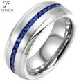 thumbnail image 1 of Tungsten Carbide Silver Wedding Band w/ Blue or Red Cubic Zirconia Eternity Style w/ Step Edges 8mm Ring, 1 of 4