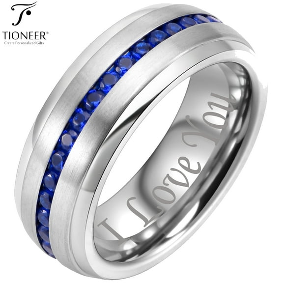 Tioneer Tungsten Carbide Silver Wedding Band w/ Blue or Red Cubic Zirconia Eternity Style w/ Step Edges Tioneer 8mm Ring