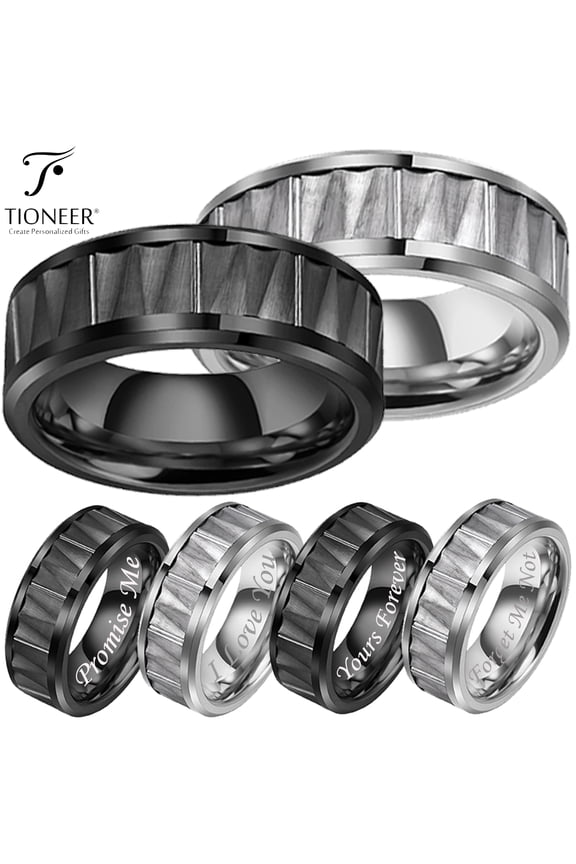 Tungsten Carbide Silver or Black Faceted Center Design High Polish Wedding Band Ring Mens Womens 8MM w/ FREE Engraving
