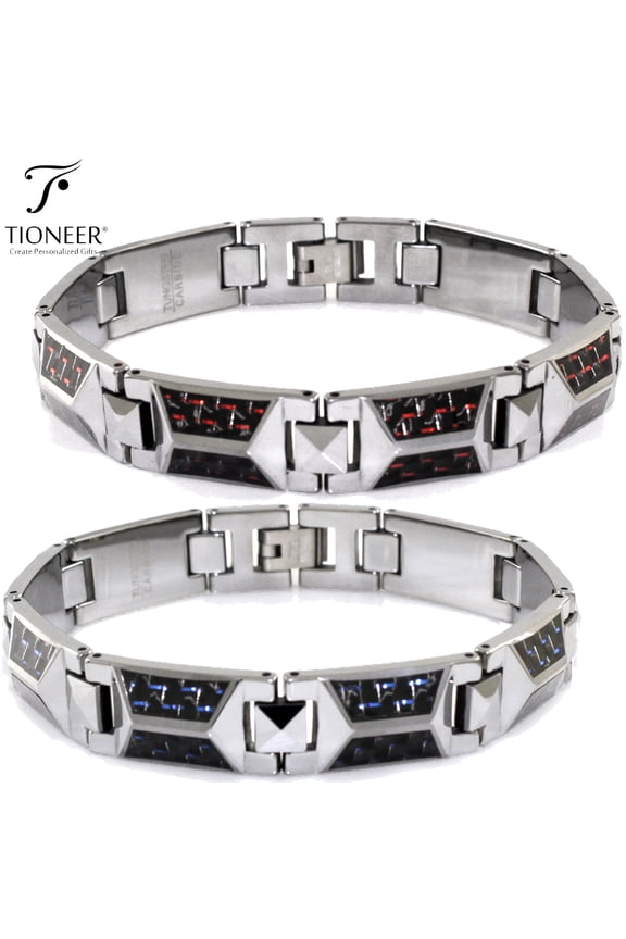 Tungsten Carbide Triangle Prism Blue or Red Carbon Fiber Inlay Link Classic Bracelet