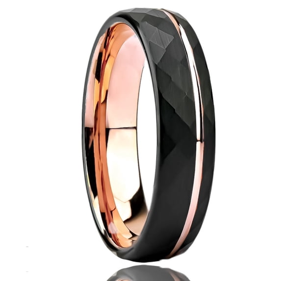 Rose Gold and Black Rhombus-cut Sandblasted Finish Unisex Tungsten Steel Two-tone Ring