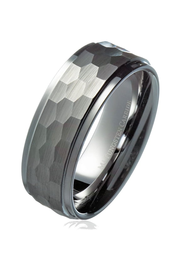 Tungsten Carbide Unisex Adult 8mm Hammered Stepped Edges Tungsten Carbide Wedding Ring