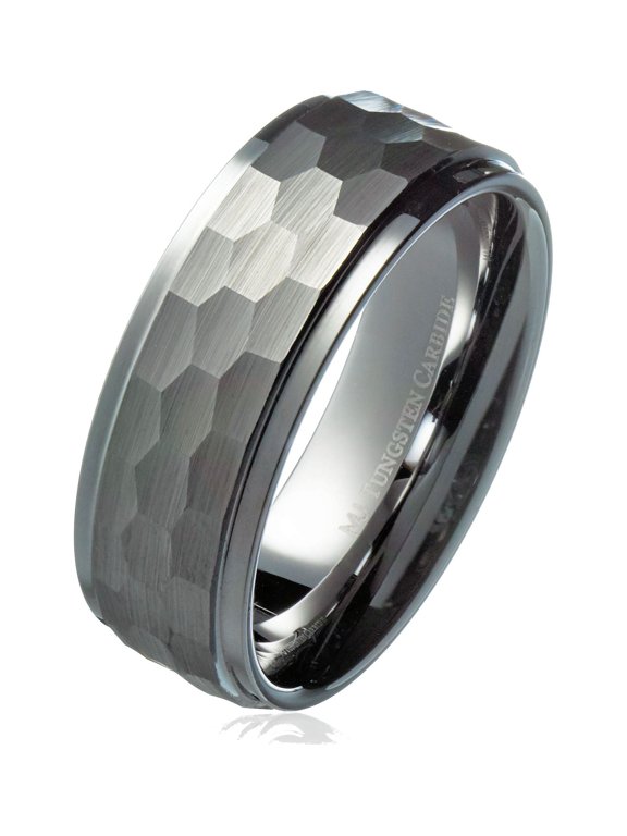 Tungsten Carbide Unisex Adult 8mm Hammered Stepped Edges Tungsten Carbide Wedding Ring