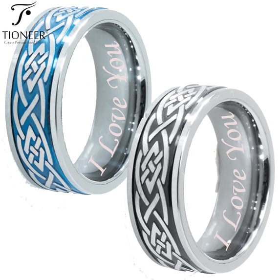 Tioneer Tungsten Carbide Wedding Band Ring Celtic Design Black / Blue Mens Womens 8mm I Love You Engraved