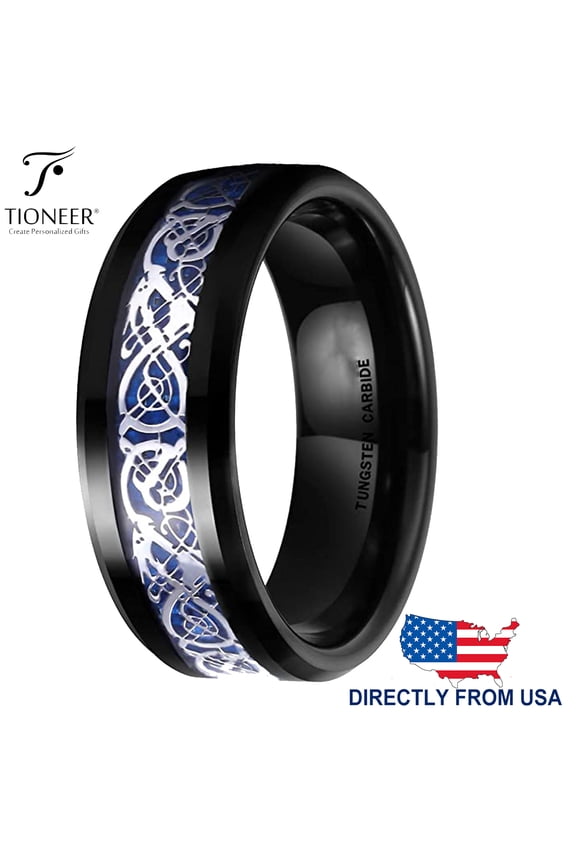 Tungsten Carbide Wedding Band Ring Celtic Dragon w/ Blue Carbon Fiber Inlay 8MM