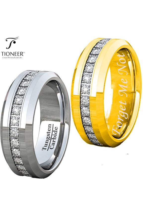 Tungsten Carbide Wedding Band Ring Eternity Style Cubic Zirconia Mens Womens 8MM Forget Me Not Engraved
