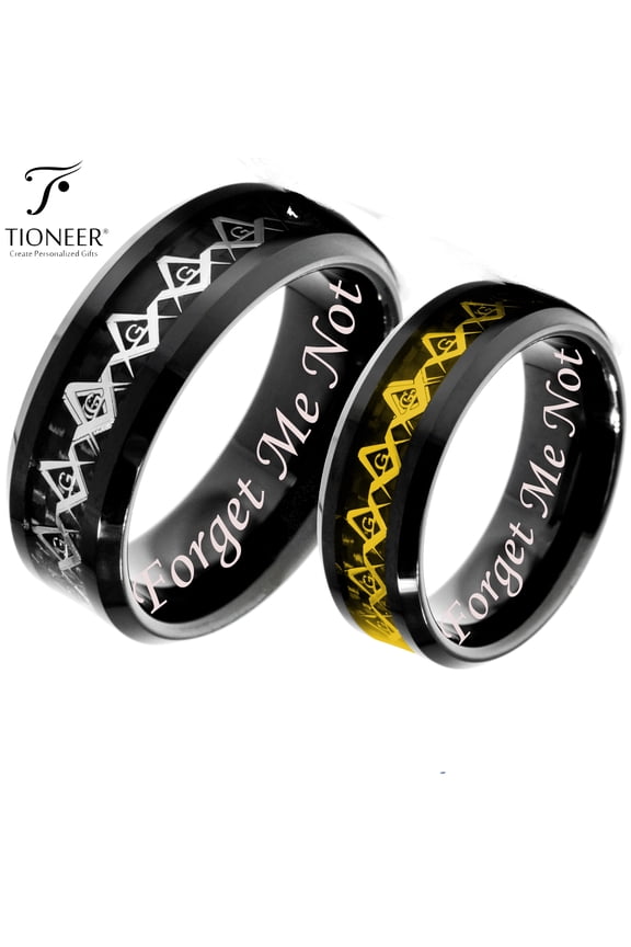 Tungsten Carbide Wedding Band Ring Silver / Gold Freemason Masonic Inlay Forget Me Not Engraved 8MM