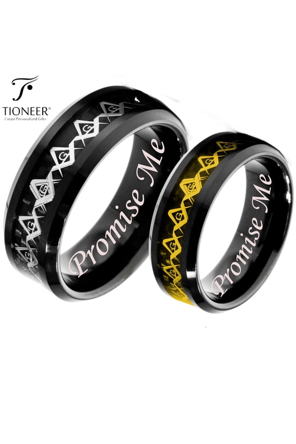 Tungsten Carbide Wedding Band Ring Silver / Gold Freemason Masonic Inlay Promise Me Engraved 8MM