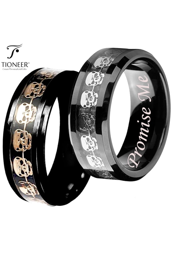 Tungsten Carbide Wedding Band Ring Silver / Gold Skull Skeleton Inlay Comfort Fit Promise Me Engraved 8MM