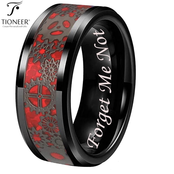 Tungsten Carbide Wedding Band Ring Steampunk Gears Red Carbon Fiber Inlay 8MM Forget Me Not Engraved