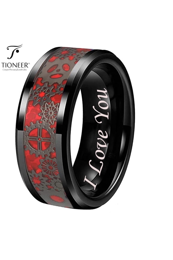 Tungsten Carbide Wedding Band Ring Steampunk Gears Red Carbon Fiber Inlay 8mm I Love You Engraved