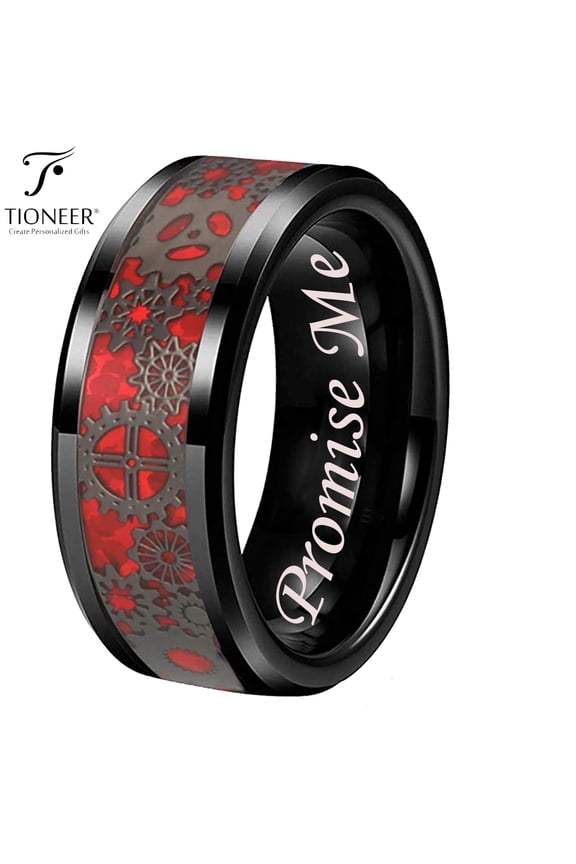 Tungsten Carbide Wedding Band Ring Steampunk Gears Red Carbon Fiber Inlay 8mm Promise Me Engraved
