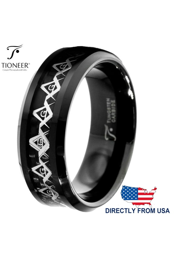 Tungsten Carbide Wedding Band Ring with Freemason Masonic Diamond Inlay Men Women 8MM