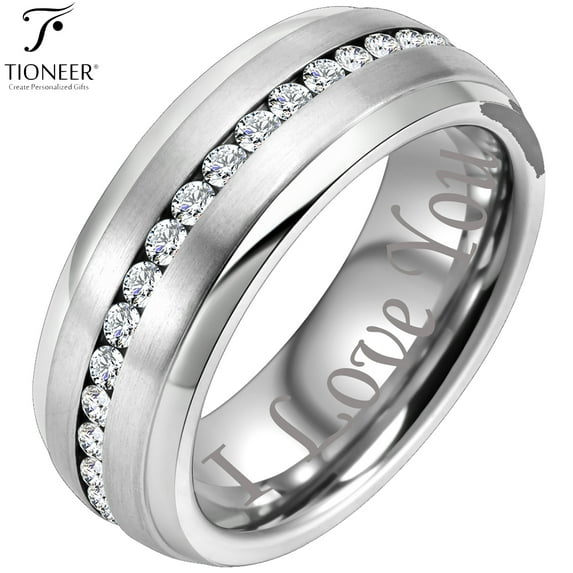 Tungsten Carbide Wedding Band w/ White Cubic Zirconia Eternity Style w/ Step Edges in Silver or Black 8mm Ring