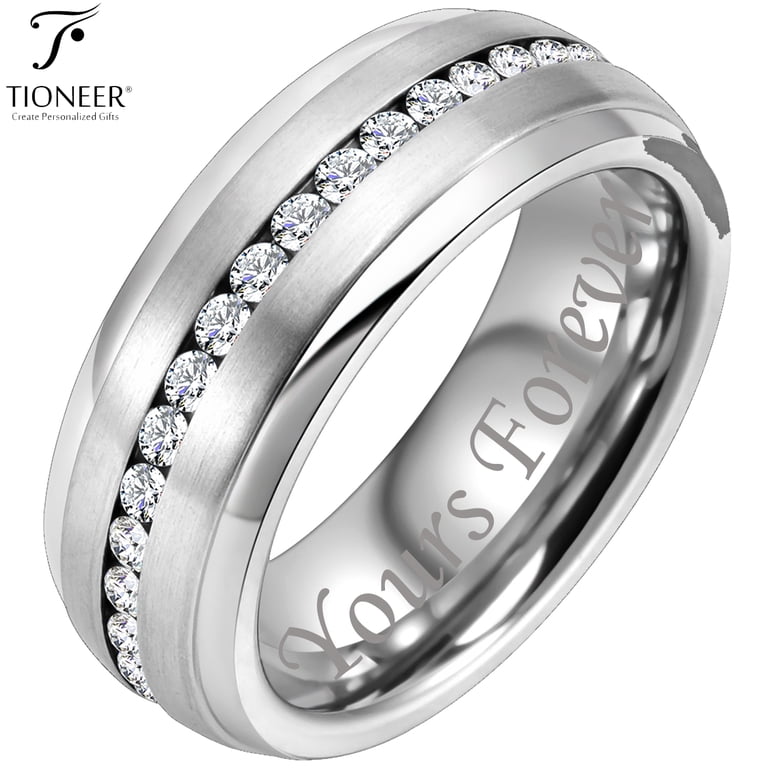 8mm - Silver Tungsten Wedding Band W/ 7 CZ Diamond Inlay  8mm Tungsten Carbide Wedding Band Ring w CZ display picture 1