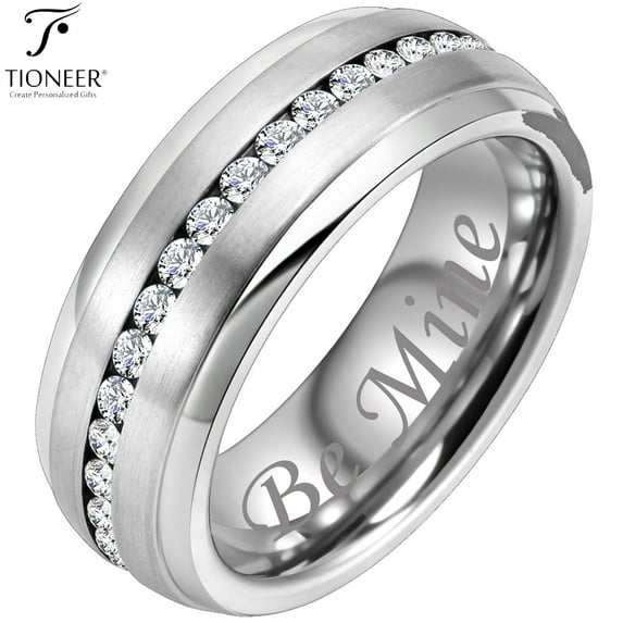 Tioneer Tungsten Carbide Wedding Band w/ White Cubic Zirconia Eternity Style w/ Step Edges in Silver or Black 8mm Ring