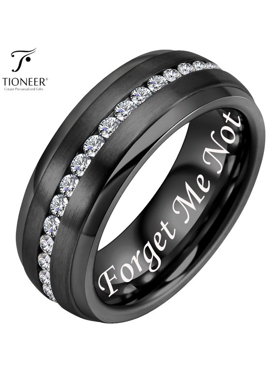 Tungsten Carbide Wedding Band w/ White Cubic Zirconia Eternity Style w/ Step Edges in Silver or Black 8mm Ring
