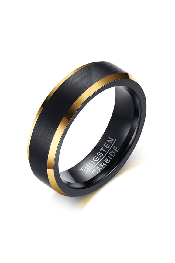 Tungsten Carbide Wedding Ring for Men,6mm Black Flat Matte Finish Gold Beveled Edge,Size 8