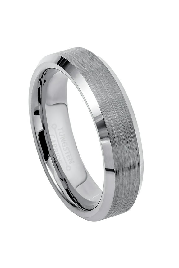 Tungsten Carbide Mens Womens Wedding Band, Comfort Fit Brushed Beveled Edge Anniversary Ring 6mm