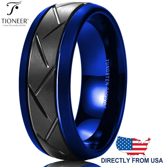 Tioneer Tungsten Carbide Zigzag Groove Tire Tread Design Comfort Fit Wedding Band Ring