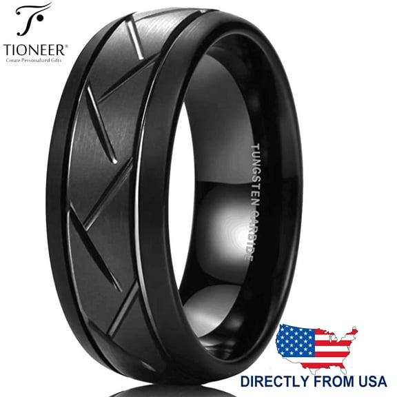 Tioneer Tungsten Carbide Zigzag Groove Tire Tread Design Comfort Fit CZ Wedding Band Ring
