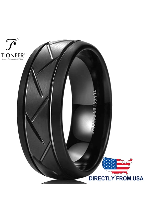 Tungsten Carbide Zigzag Groove Tire Tread Design Comfort Fit CZ Wedding Band Ring