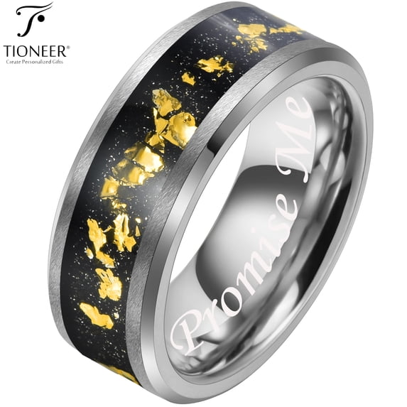 Tungsten Carbide in Silver or Black Beveled Edge w/ Gold Foils Inlay Wedding Band / Ring for Men Women 8MM w/ FREE Engraving