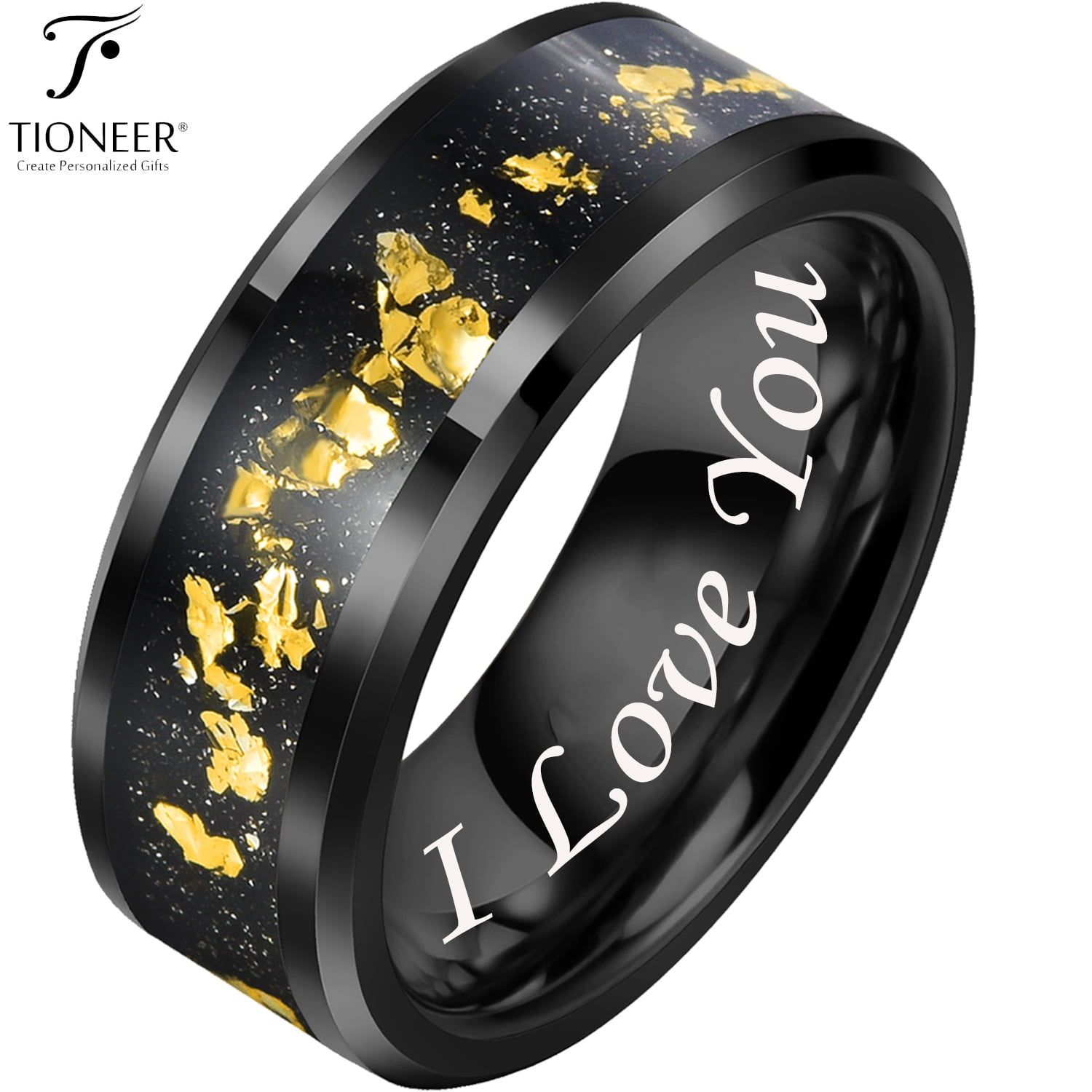 Tungsten Carbide in Silver or Black Beveled Edge w/ Gold Foils Inlay  Wedding Band / Ring for Men Women 8MM w/ FREE Engraving